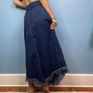 Y2K DARK DENIM MAXI DETAILS SKIRT WITH FRAYED EDGES DETAIL